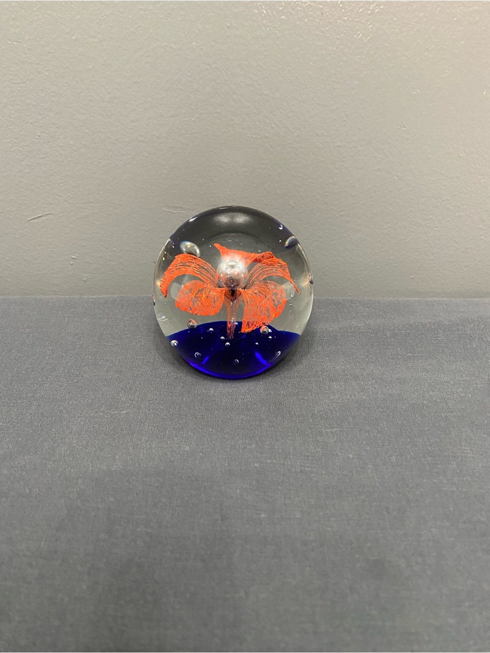 Hand Blown Orange Lily Flower Bubble Sphere Paperweight Blue Base 3" X 2.5"